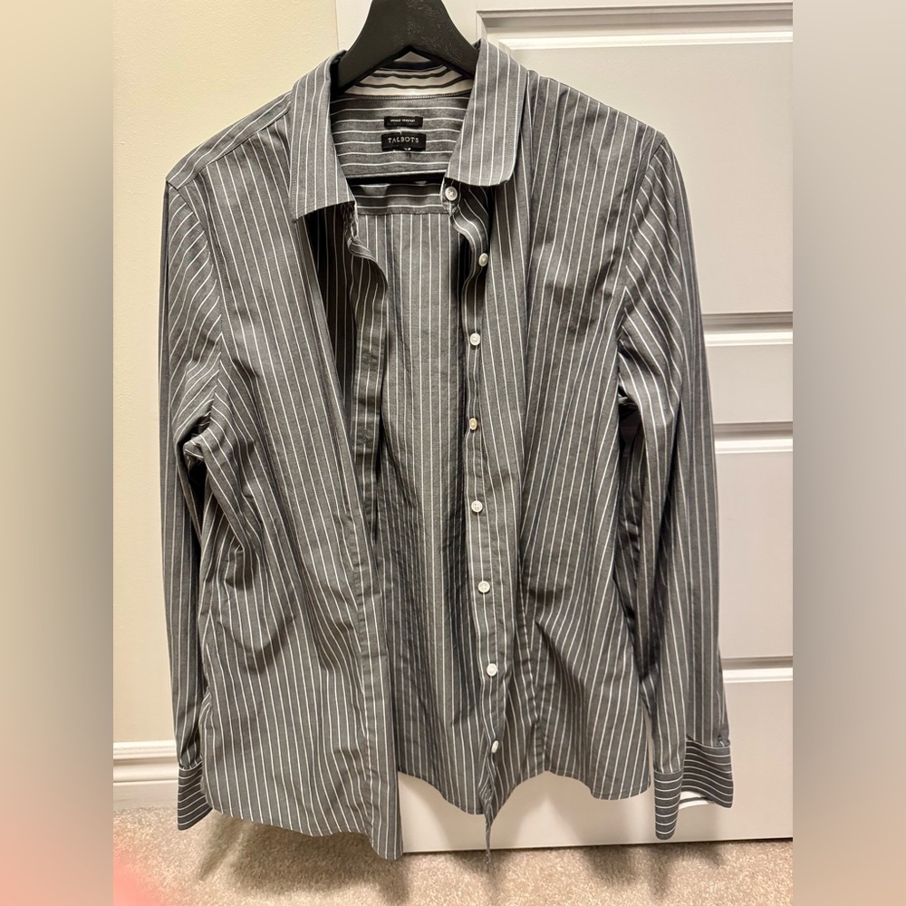 Talbots Grey Pinstripe Wrinkle Resistant Button Up Shirt